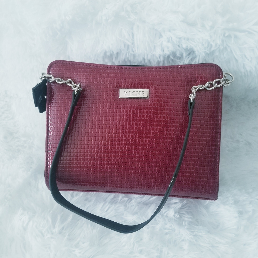 Miche Wine Red Textured Purse with Silver Chain